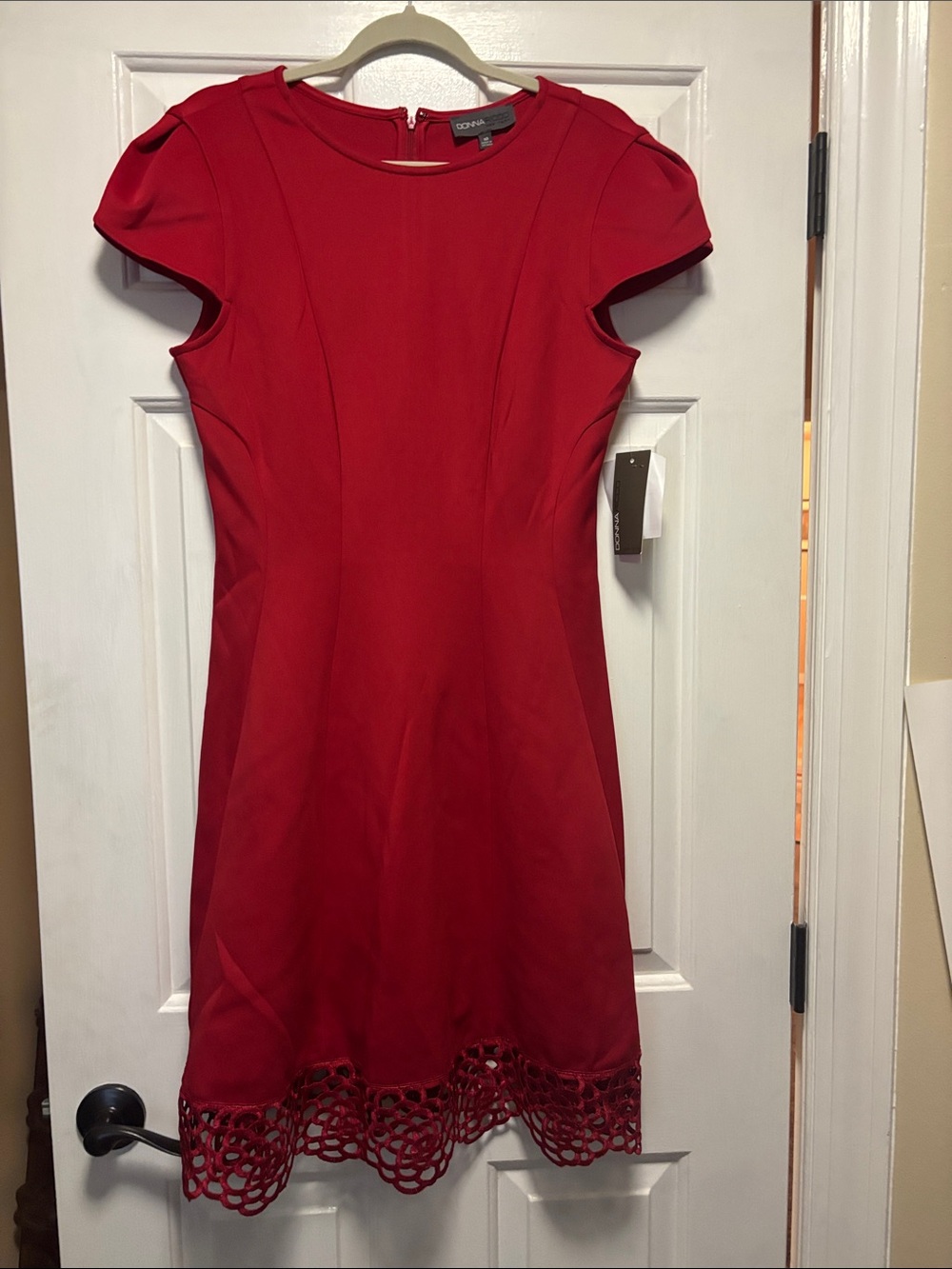 Donna Ricco Red Short-Sleeve Fit & Flare Dress with Lace Hem